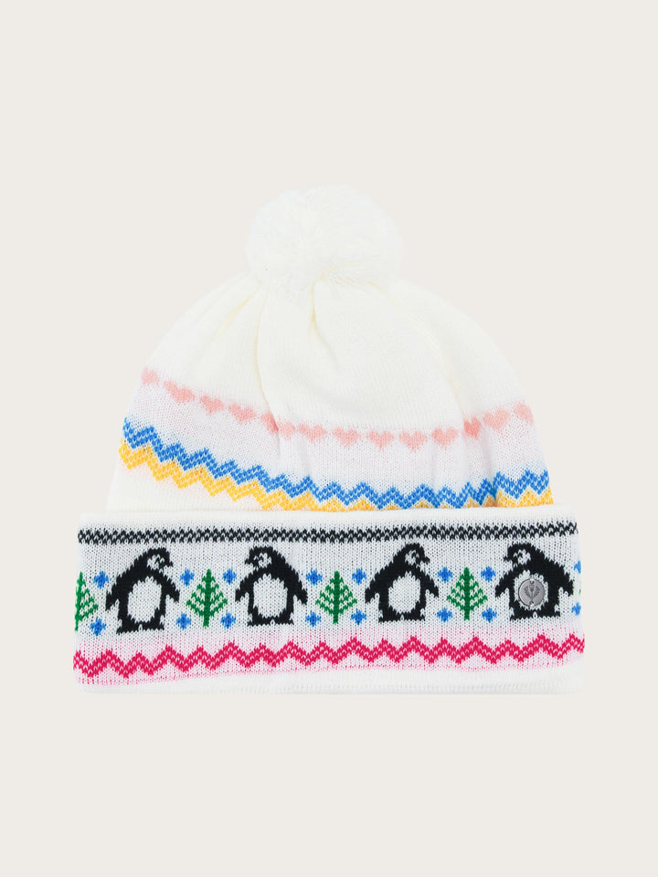 Witzige Strickmütze mit winterlichen Motiven und  Bommel