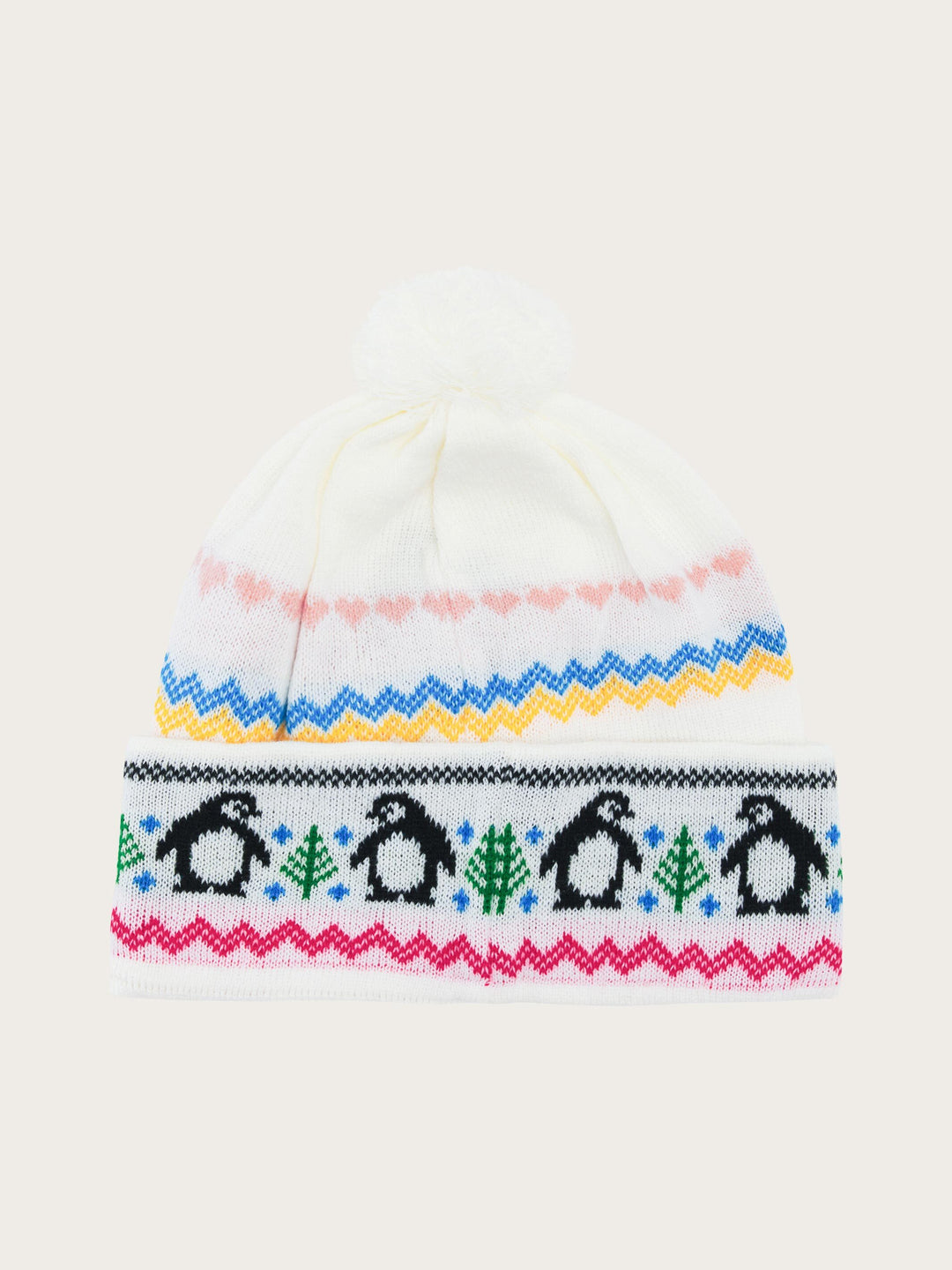 Witzige Strickmütze mit winterlichen Motiven und  Bommel