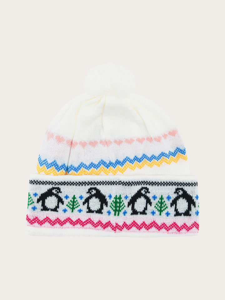 Witzige Strickmütze mit winterlichen Motiven und  Bommel