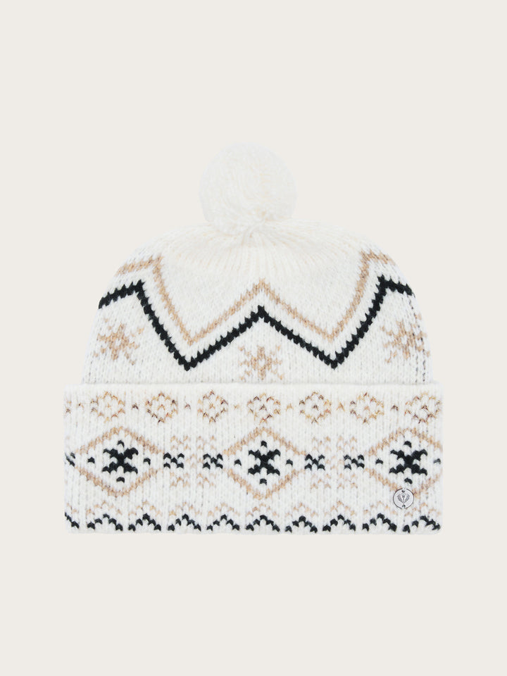 Strickmütze mit winterlichem Norweger-Muster und Bommel