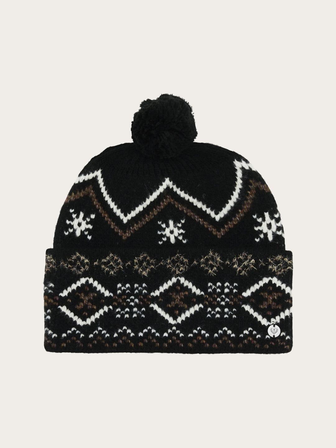 Strickmütze mit winterlichem Norweger-Muster und Bommel