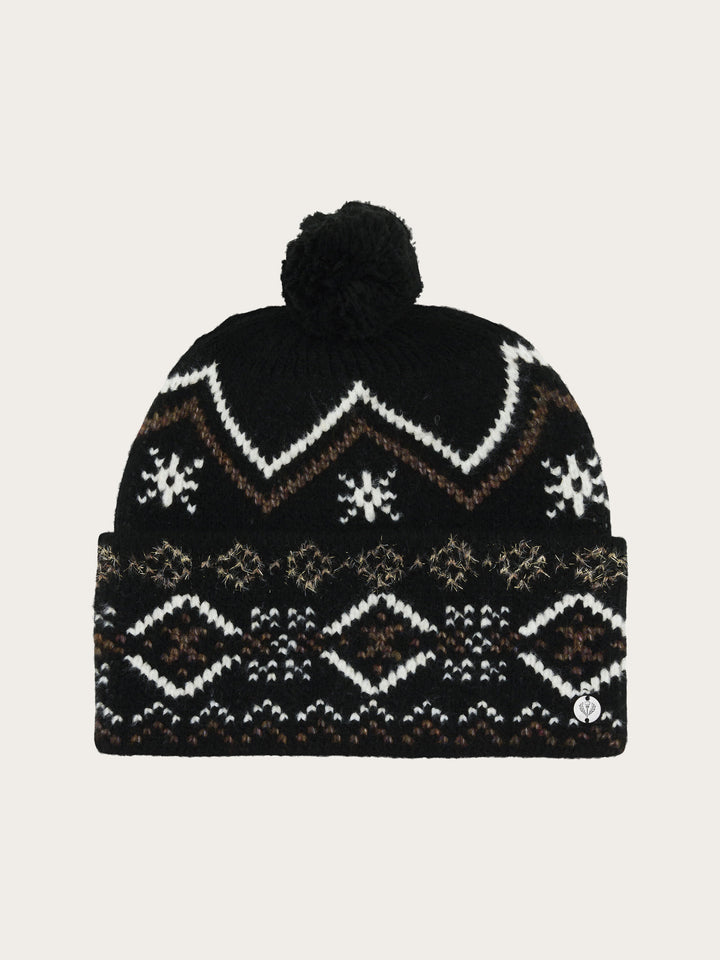Strickmütze mit winterlichem Norweger-Muster und Bommel