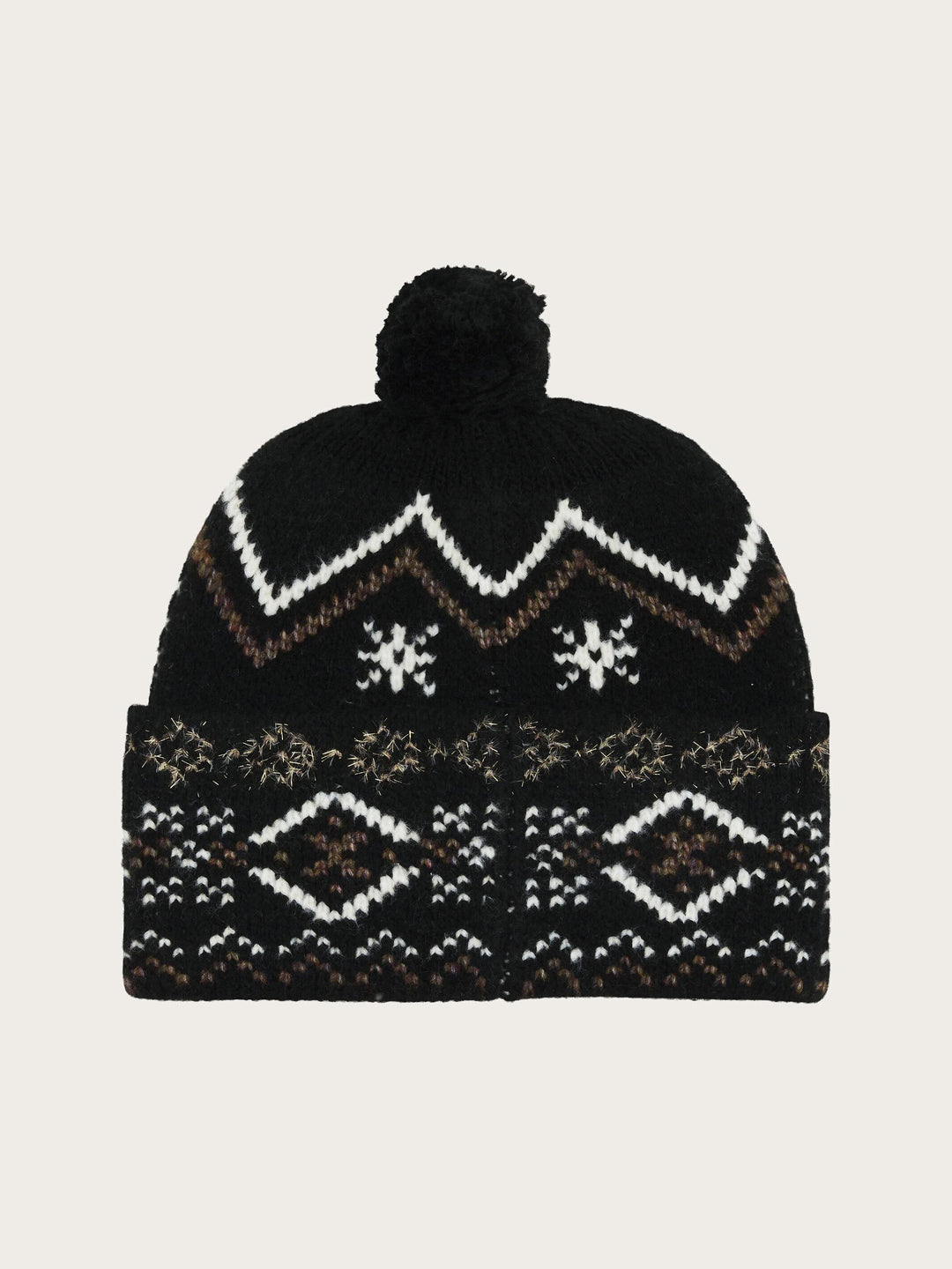 Strickmütze mit winterlichem Norweger-Muster und Bommel