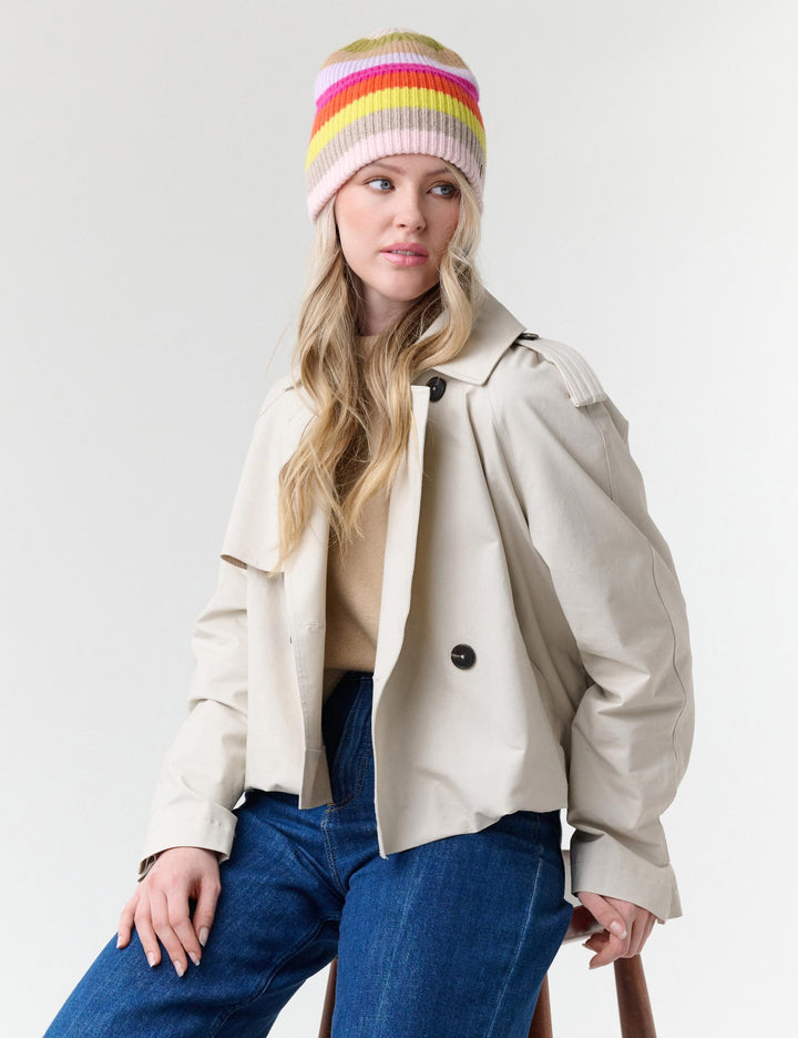 Gerippte Strick-Beanie mit breiten Streifen und breitem Umschlag