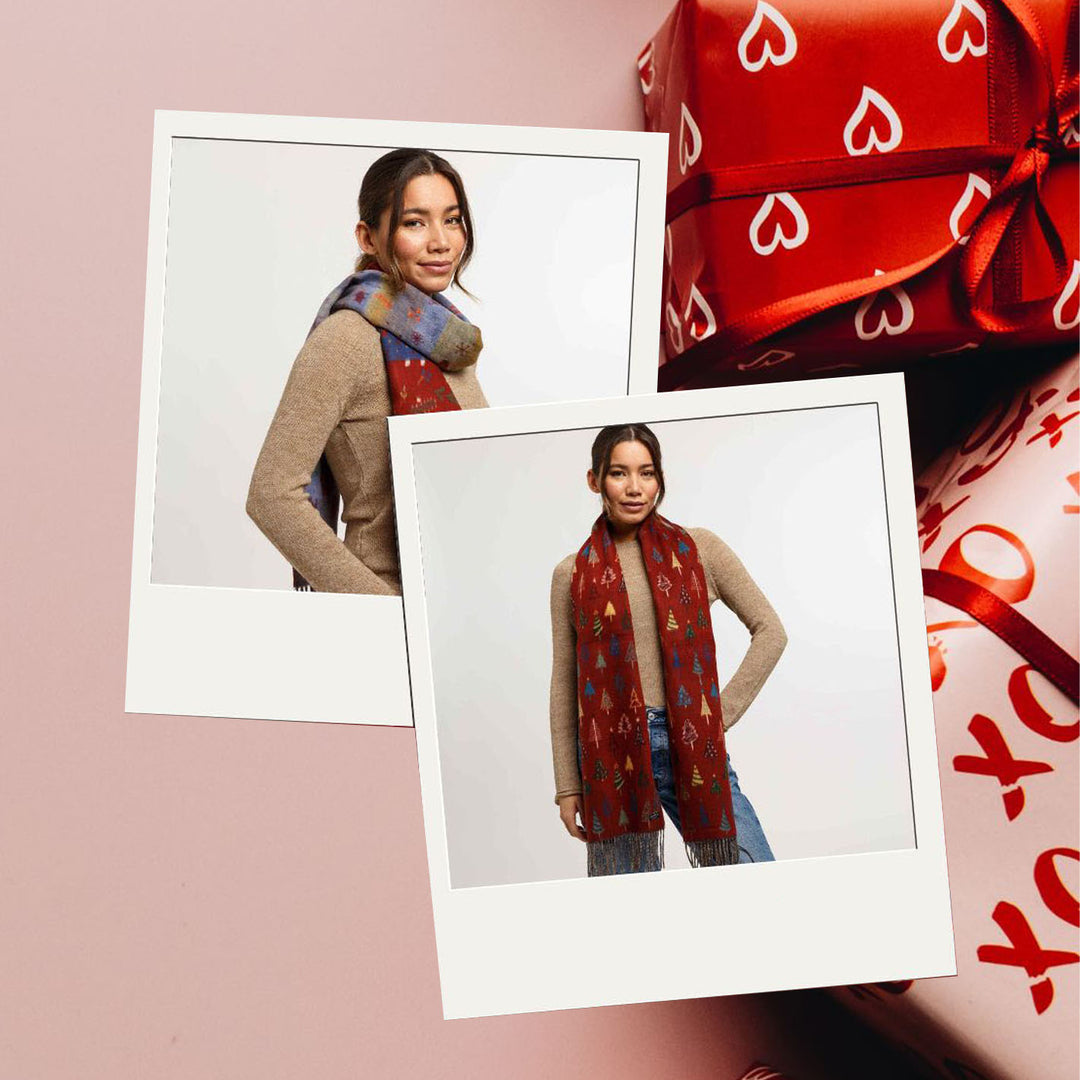Collage mit Fotos einer Frau, die den FRAAS Weihnachtsschal 625409 mit Weihnachtsbäumen trägt