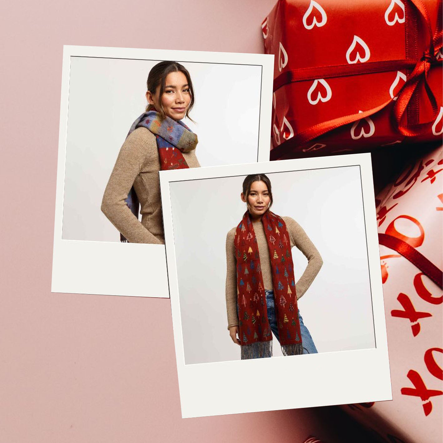 Collage mit Fotos einer Frau, die den FRAAS Weihnachtsschal 625409 mit Weihnachtsbäumen trägt