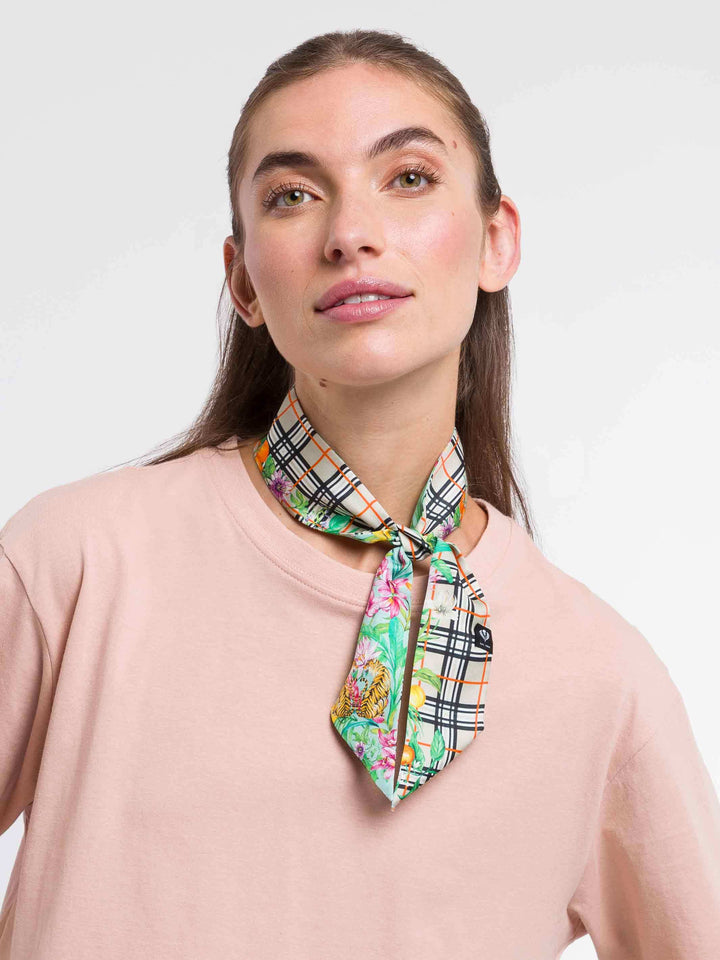 Schmaler Seidenschal mit FRAAS Plaid Karo und Dschungel-Print