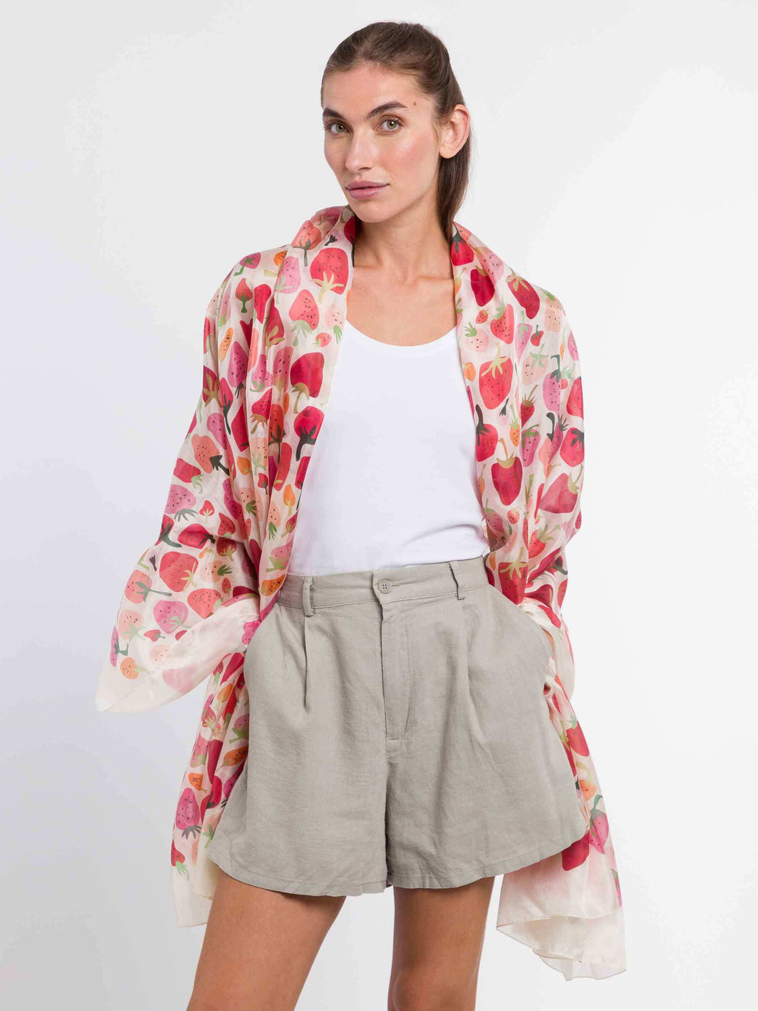 XL Seiden-Stola mit Erdbeer-Design