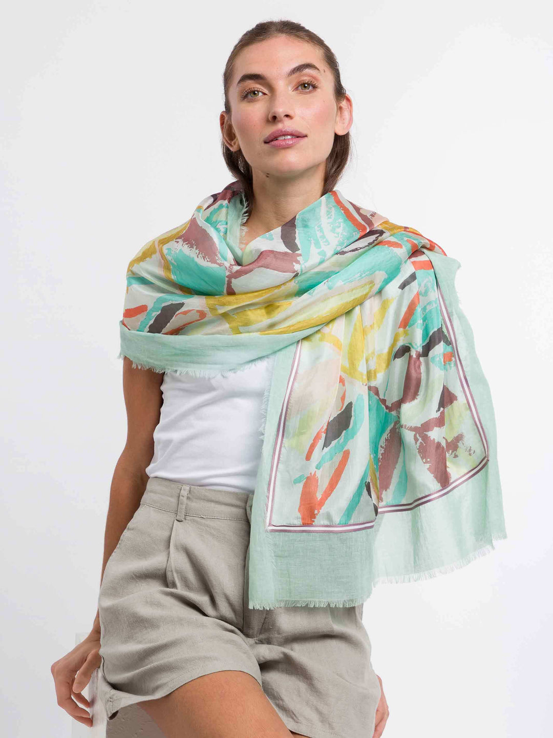 Patchwork-Stola mit Blätter-Print in Seide auf Baumwolle