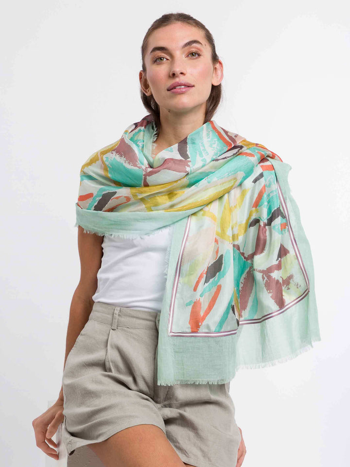 Patchwork-Stola mit Blätter-Print in Seide auf Baumwolle