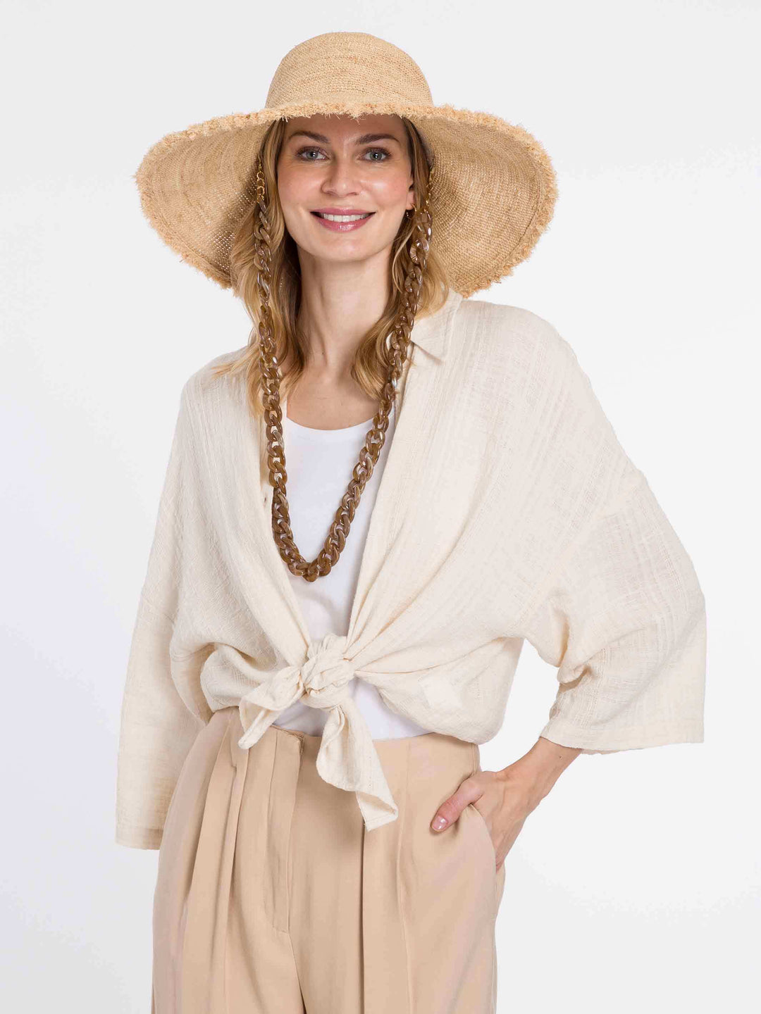 Loevenich Strohhut mit ausgefranstem Rand und abnehmbarem Kettenband