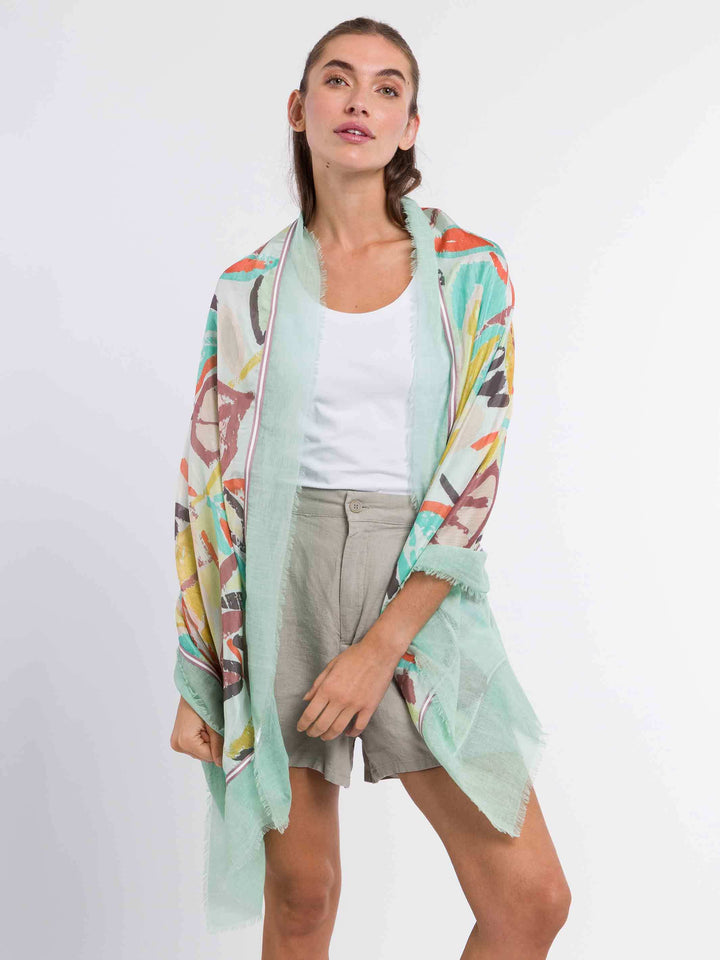 Patchwork-Stola mit Blätter-Print in Seide auf Baumwolle