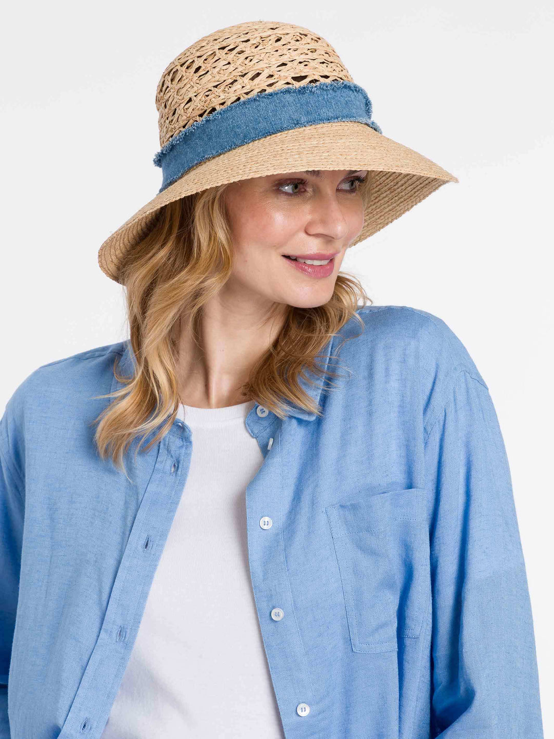 Loevenich Strohhut mit gehäkelter Krone und Denim Hutband