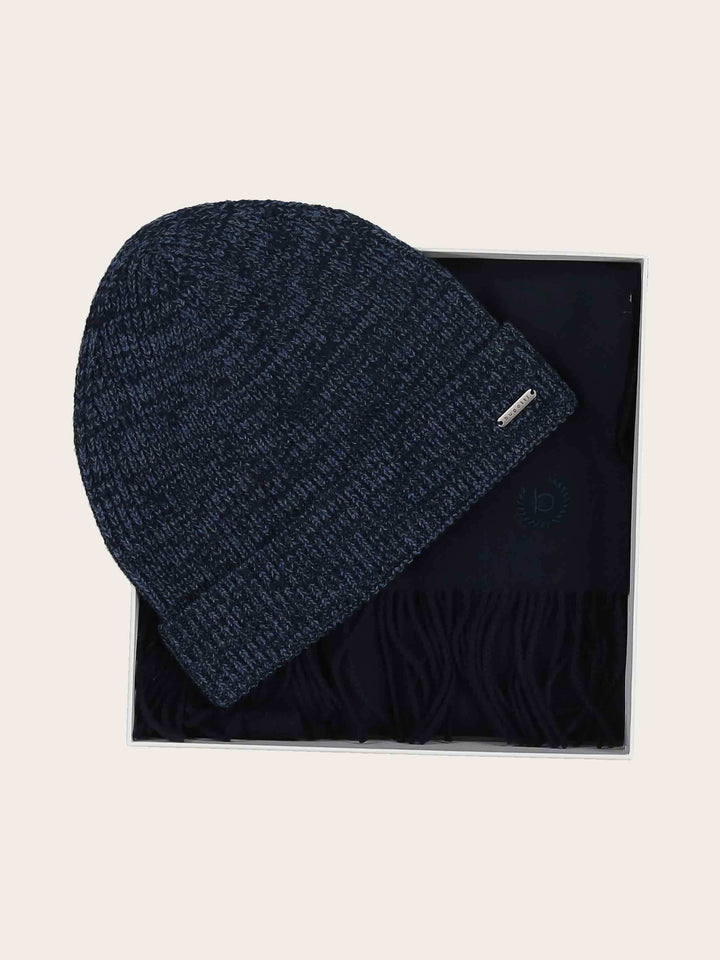 Bugatti Geschenkset mit einfarbigem Beanie und Schal aus reiner Wolle