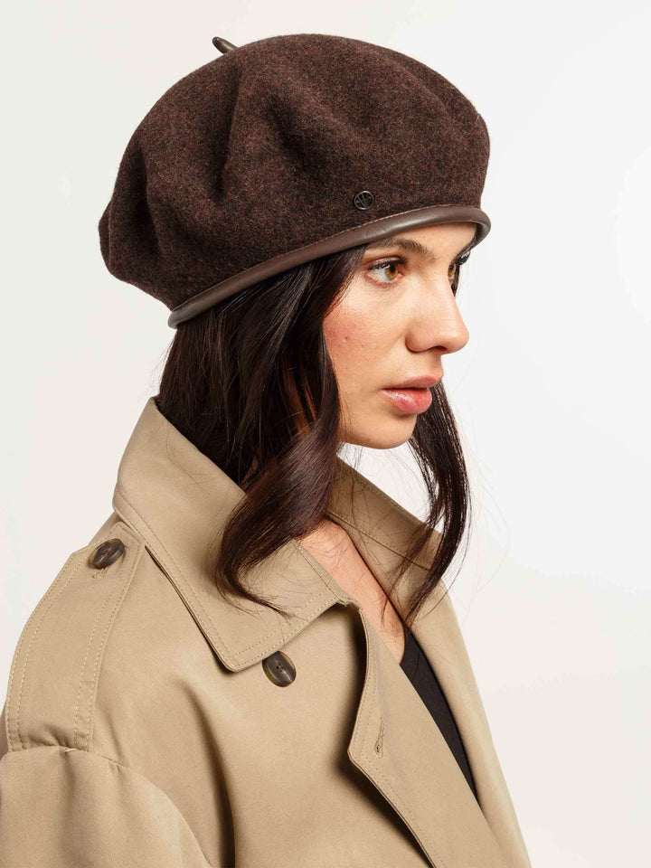 Loevenich Baskenmütze aus reiner Wolle mit Kunstlederband