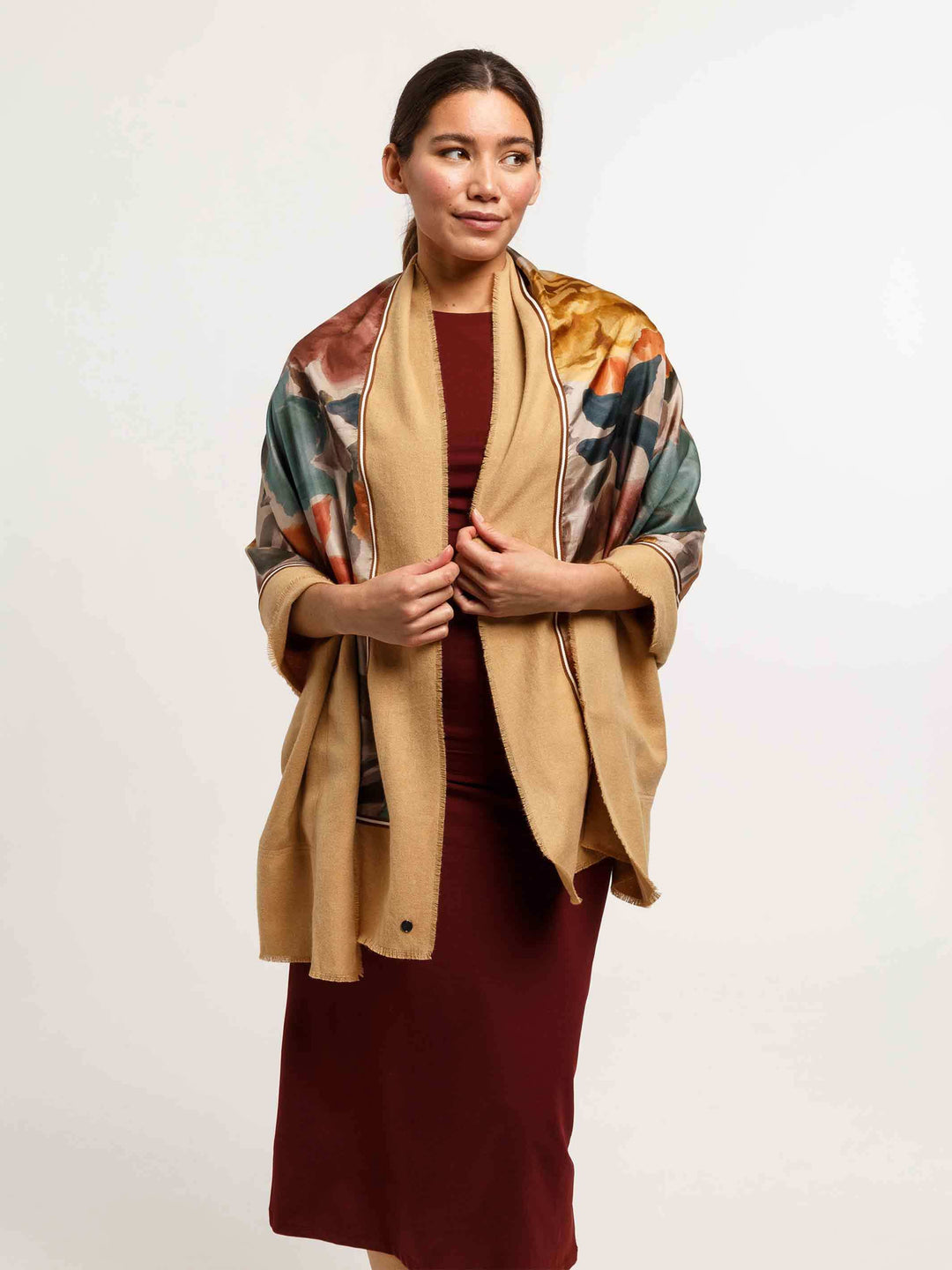 Patchwork-Stola mit Blumen-Print in Seide auf Viskosemischung