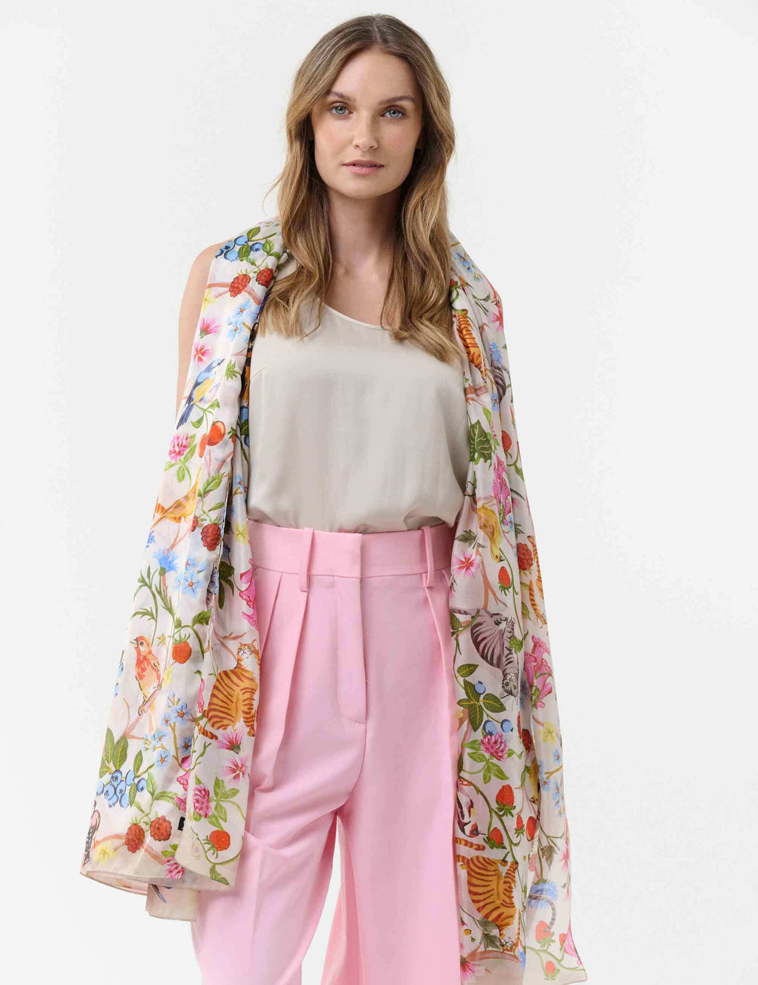 XL-Seidenstola mit Pflanzen- und Tier-Design - vielseitig tragbar