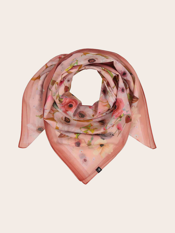 Tuch mit Blüten und Vögeln in Seidenmischung