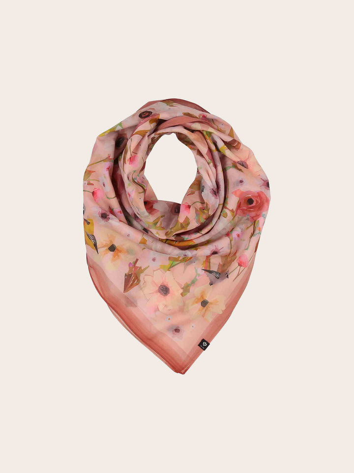 Tuch mit Blüten und Vögeln in Seidenmischung