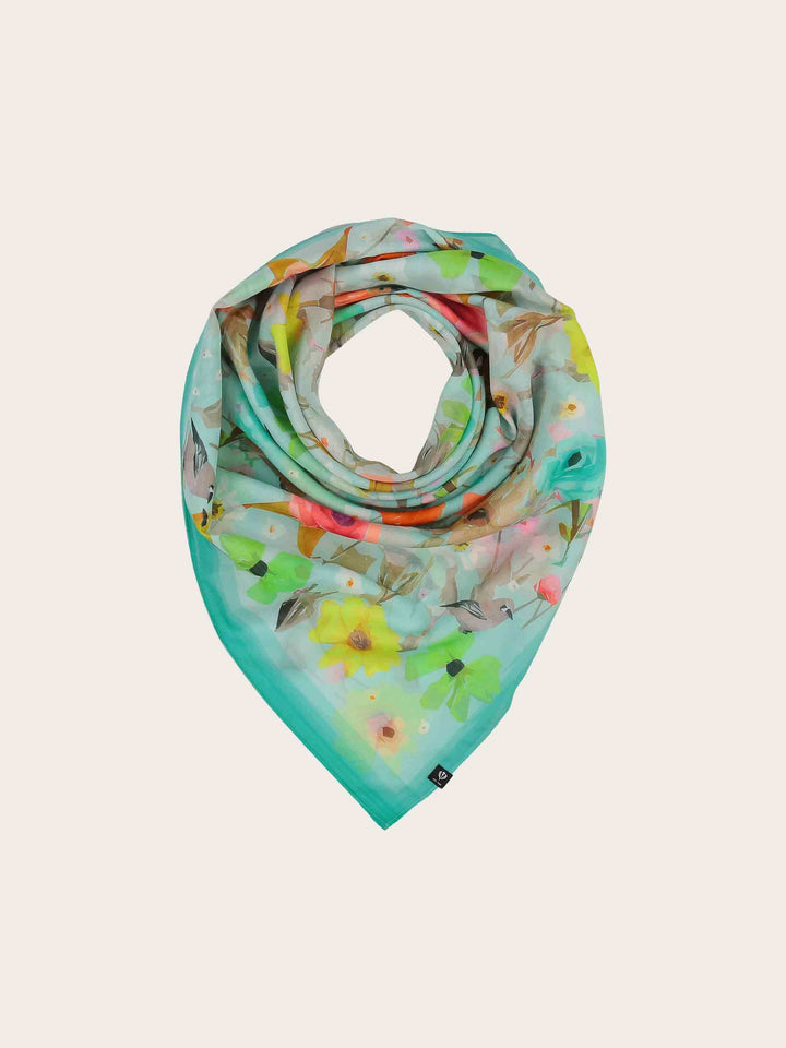 Tuch mit Blüten und Vögeln in Seidenmischung