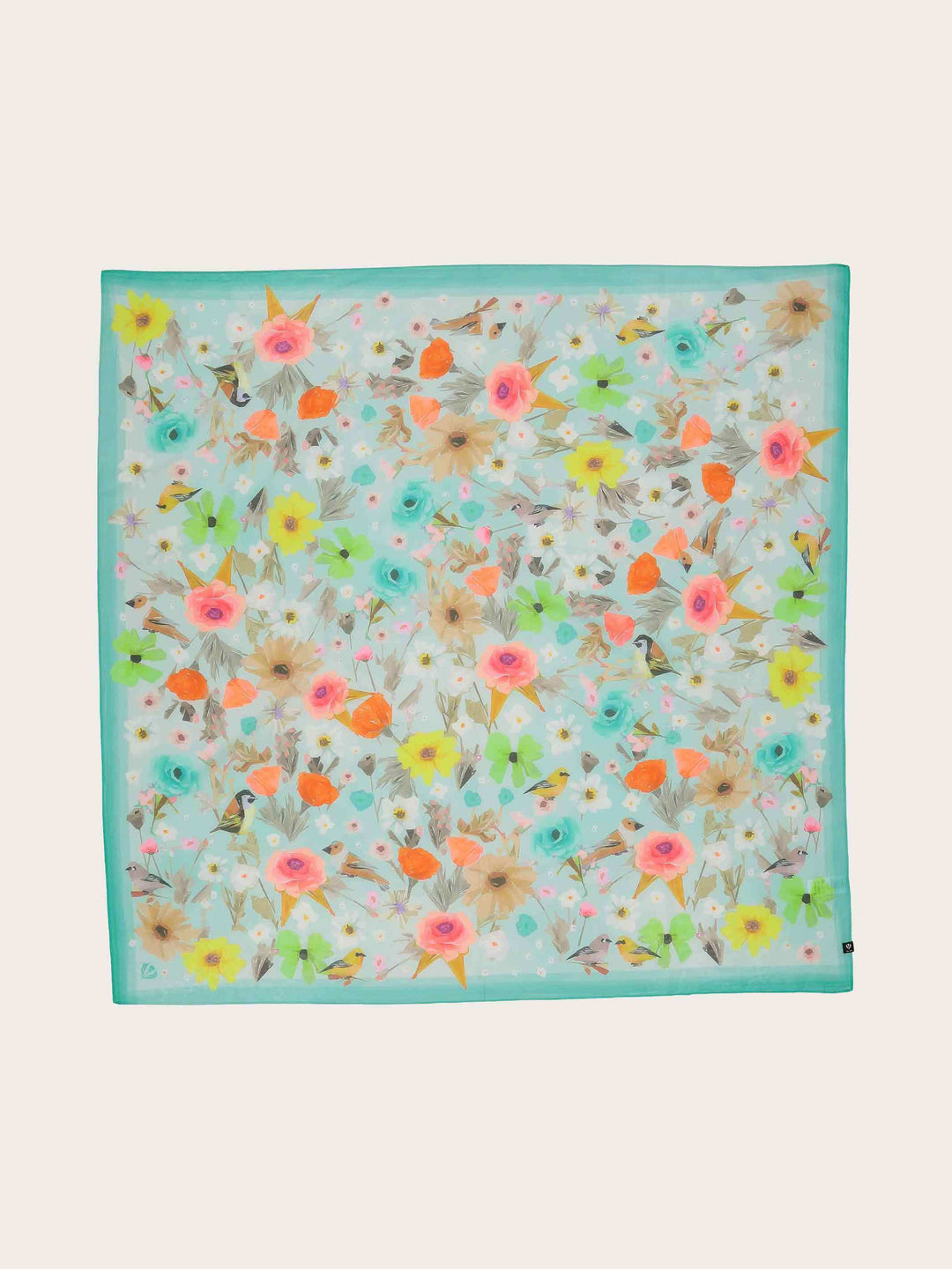 Tuch mit Blüten und Vögeln in Seidenmischung