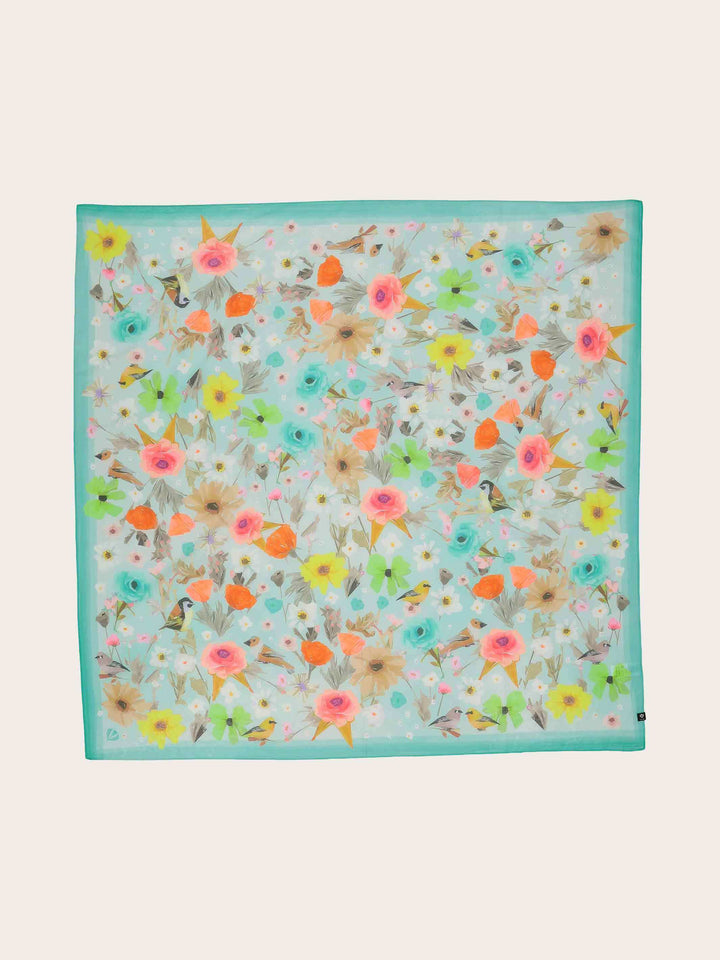 Tuch mit Blüten und Vögeln in Seidenmischung