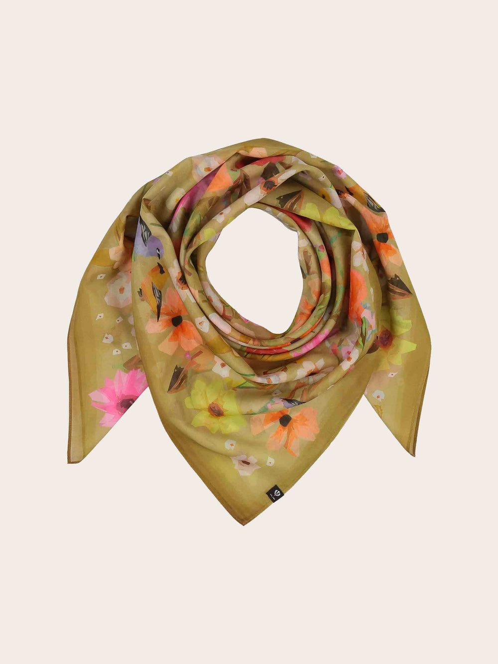 Tuch mit Blüten und Vögeln in Seidenmischung