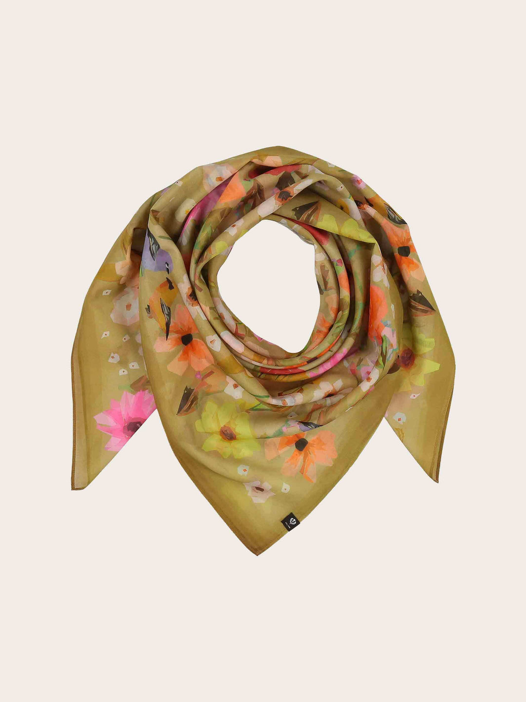 Tuch mit Blüten und Vögeln in Seidenmischung