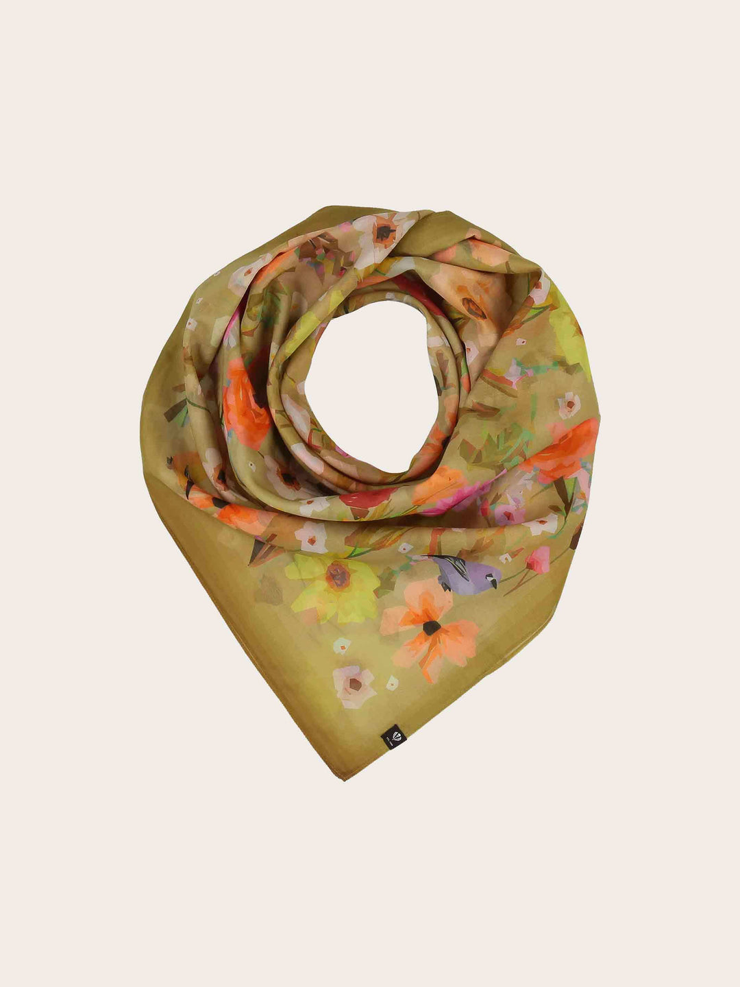 Tuch mit Blüten und Vögeln in Seidenmischung