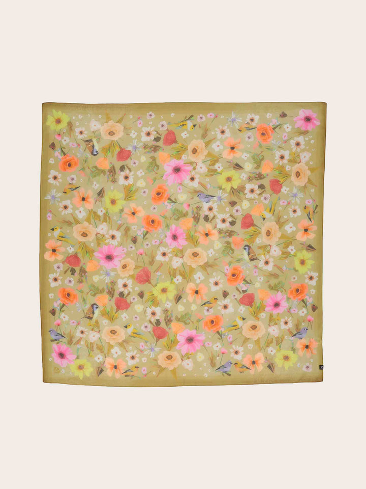 Tuch mit Blüten und Vögeln in Seidenmischung