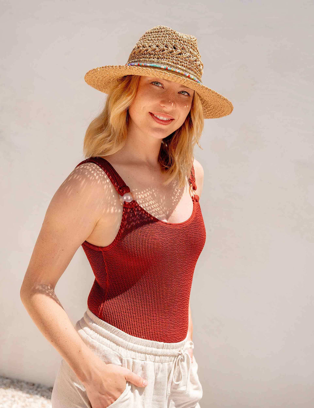 Loevenich Fedora im Boho-Style mit Schriftzug „Smile“