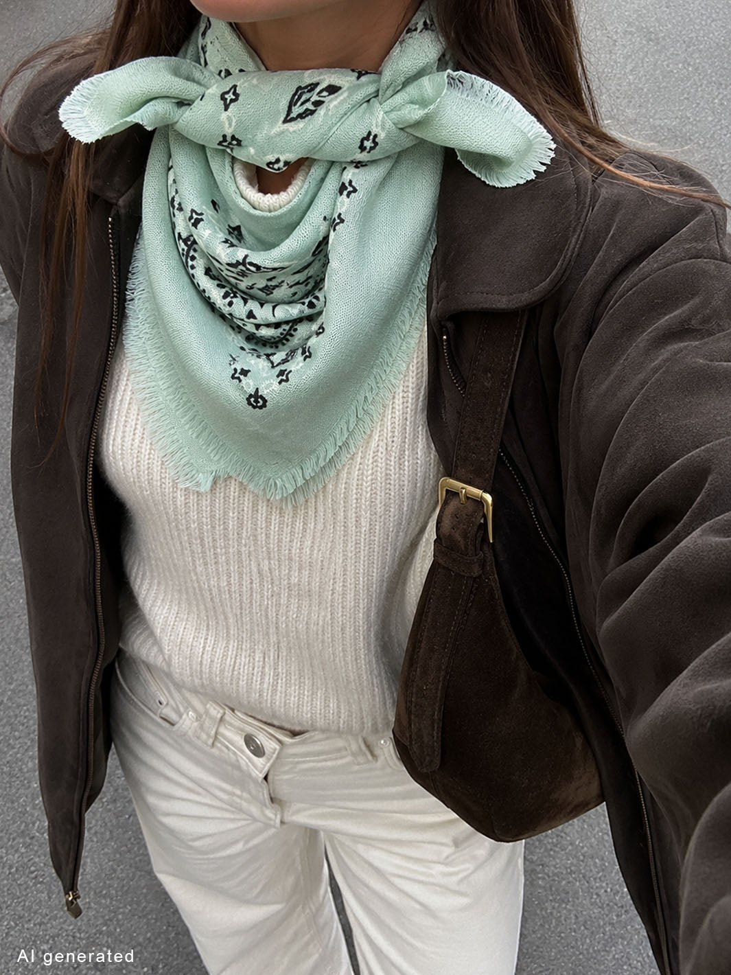Selfie einer Frau, die das Kaschmir-Nickituch mit Paisley-Design 684331 um den Hals trägt.