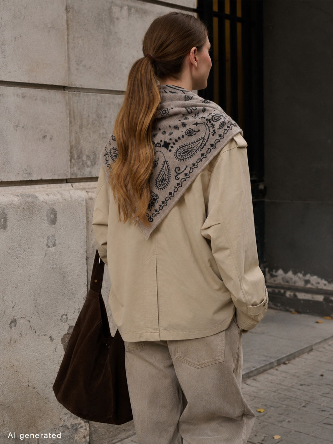 Frau mit Rücken zur Kamera trägt das Kaschmir-Tuch mit Paisley-Design 684331 als Schultertuch.