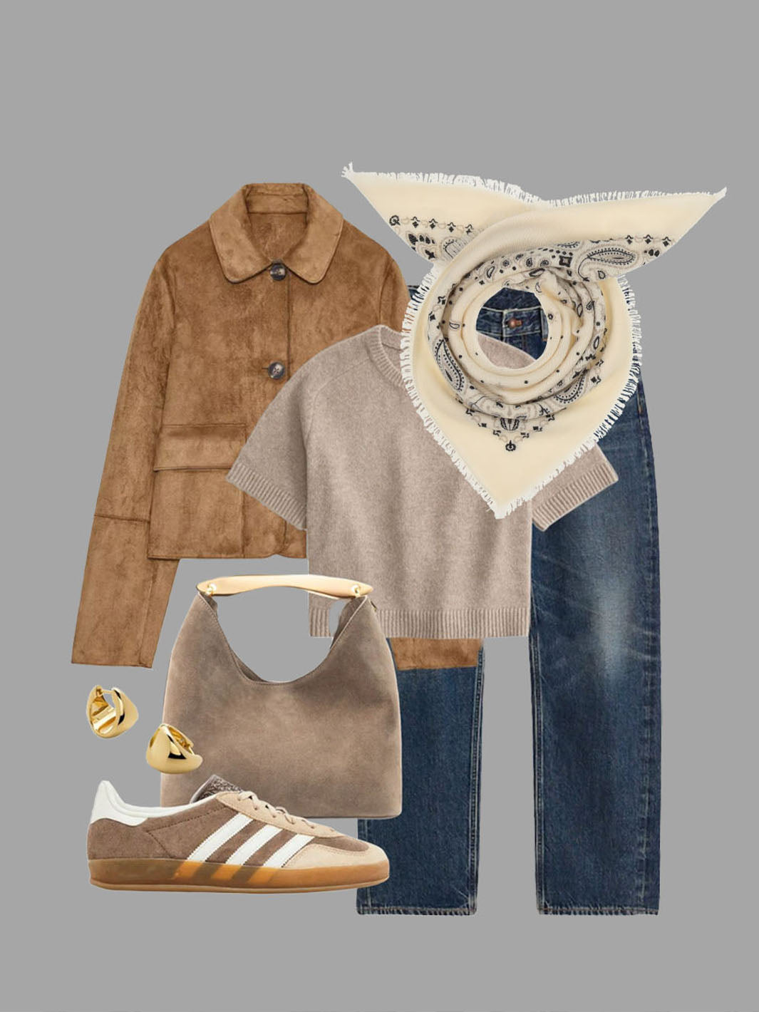 Outfit-Inspiration mit Hose, Shirt, Jacke, Schuhen und Accessoires.
