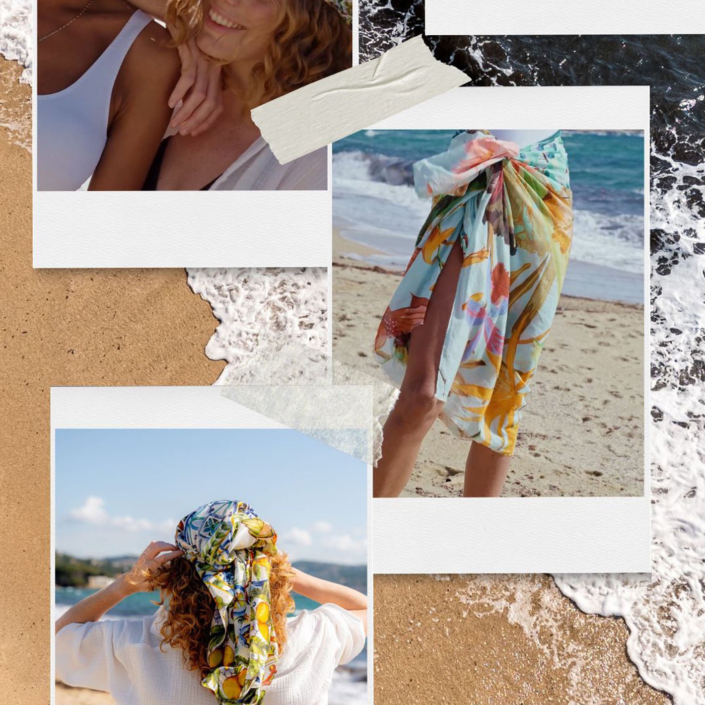 Collage mit Urlaubsfotos zweier junger Frauen am Strand.