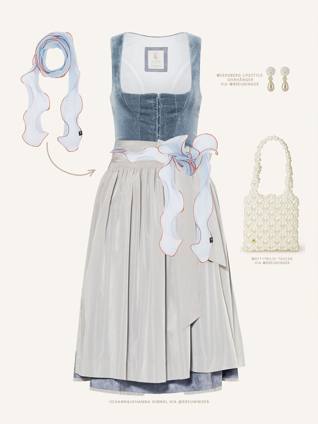 Stylingvorschlag mit Dirndl, Accessoires und Twilly Seidenschal mit Saum in Kontrastfarbe 612033.