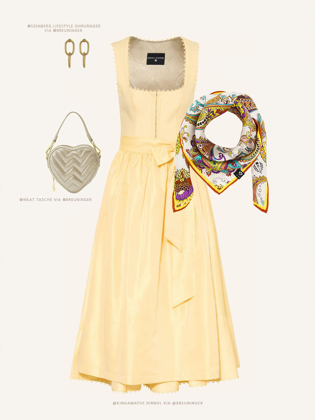 Stylingvorschlag mit Dirndl, Accessoires und Nickituch aus reiner Seide mit Paisley-Print 612005.