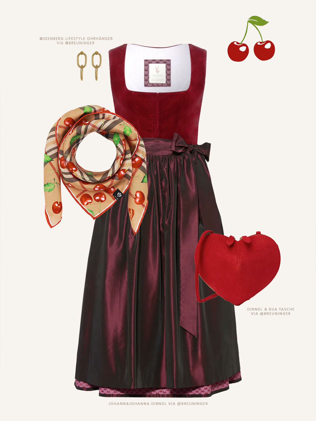 Stylingvorschlag mit Dirndl, Accessoires und Nickituch mit FRAAS Plaid Karo und Kirschen-Print aus reiner Seide 61202.