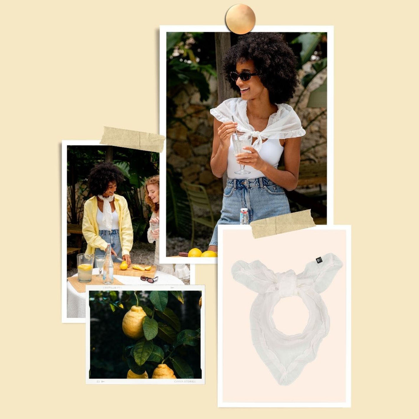 Collage mit zwei Frauen im Garten, Zitronen und einem FRAAS Halstuch