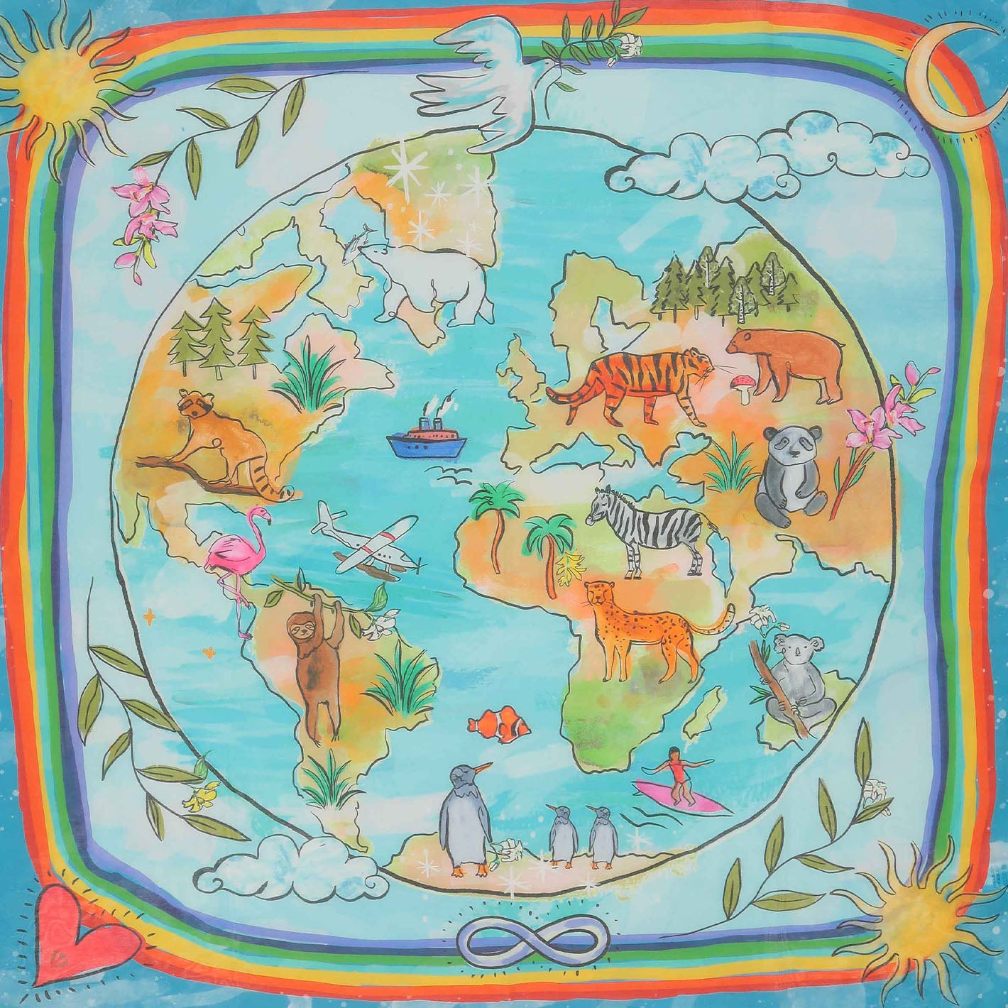 Gesamtansicht des FRAAS Seidentuchs 633037 mit Weltkugel und Tieren zum Earth Day.