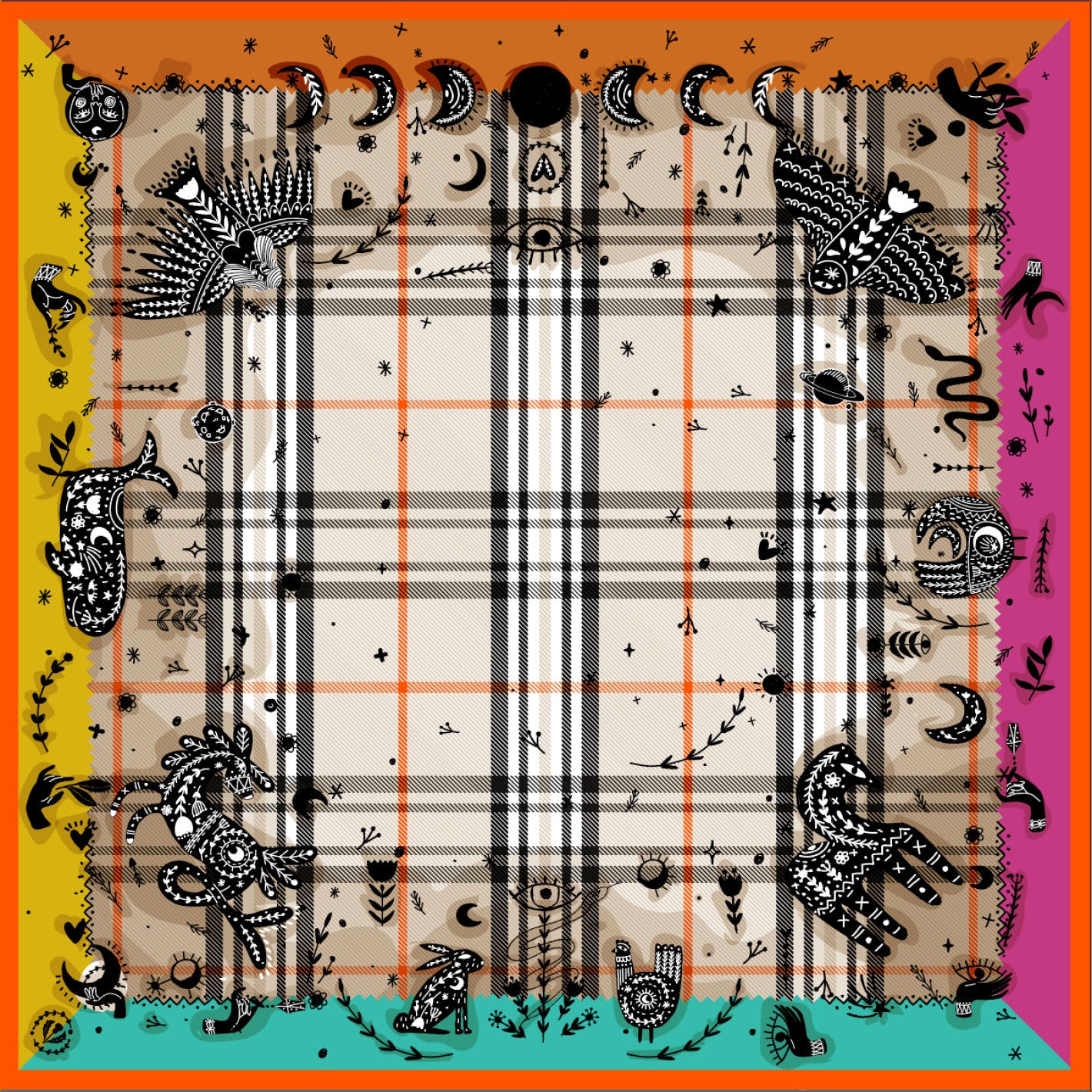 Gesamtansicht des FRAAS Plaid Seidentuchs mit mystischem Design