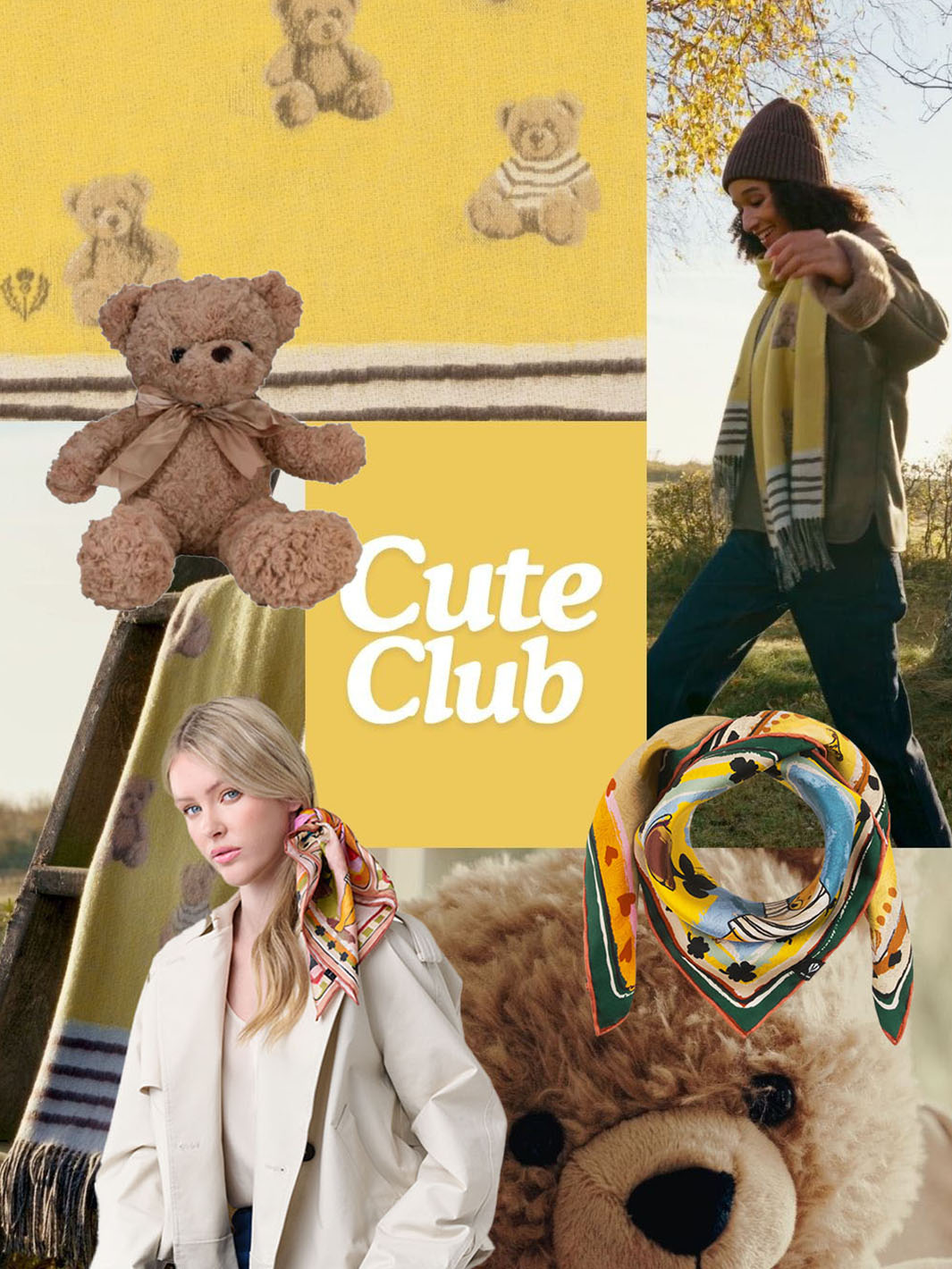 Collage mit Models, Teddybären und Accessoires in Gelb mit dem Text "Cute Club".