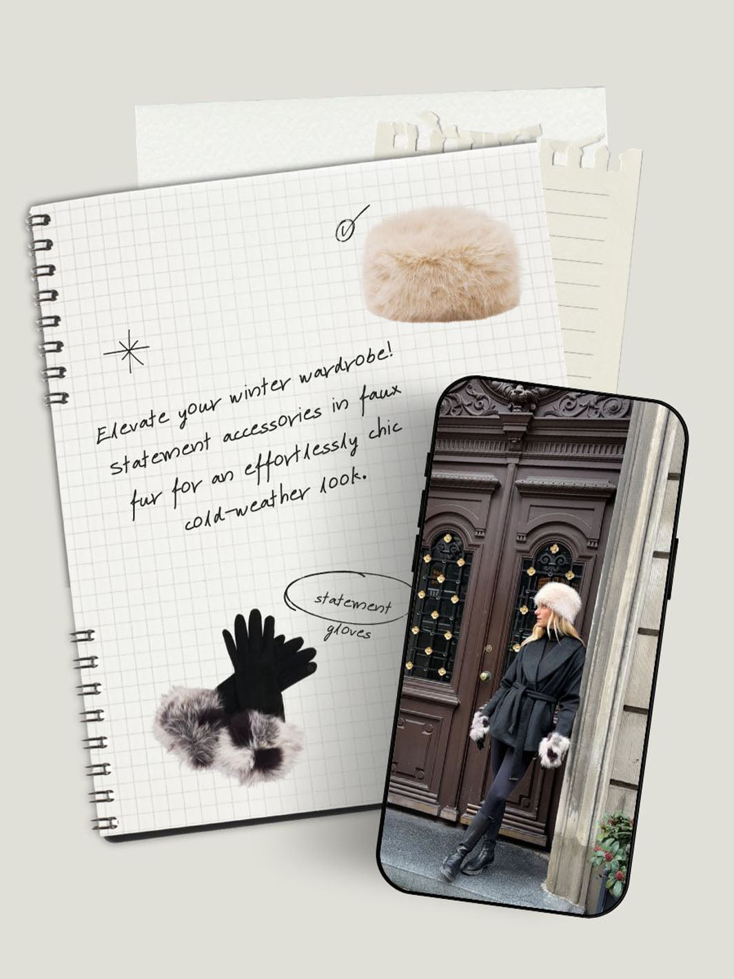 Smartphone mit dem Foto einer Frau und ein aufgeschlagenes Notizbuch, in das geschrieben wurde "Elevate your winter wardrobe! Statement accessoires in faux fur for an effortlerrly chic cold-weather look".