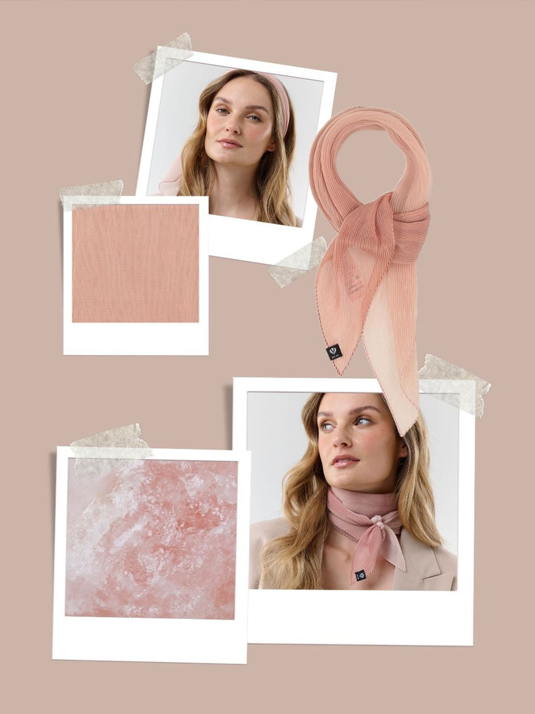 Sammlung von Fotos in Rosa: Stoff, Edelstein, zwei Models mit rosafarbenen Halstüchern.