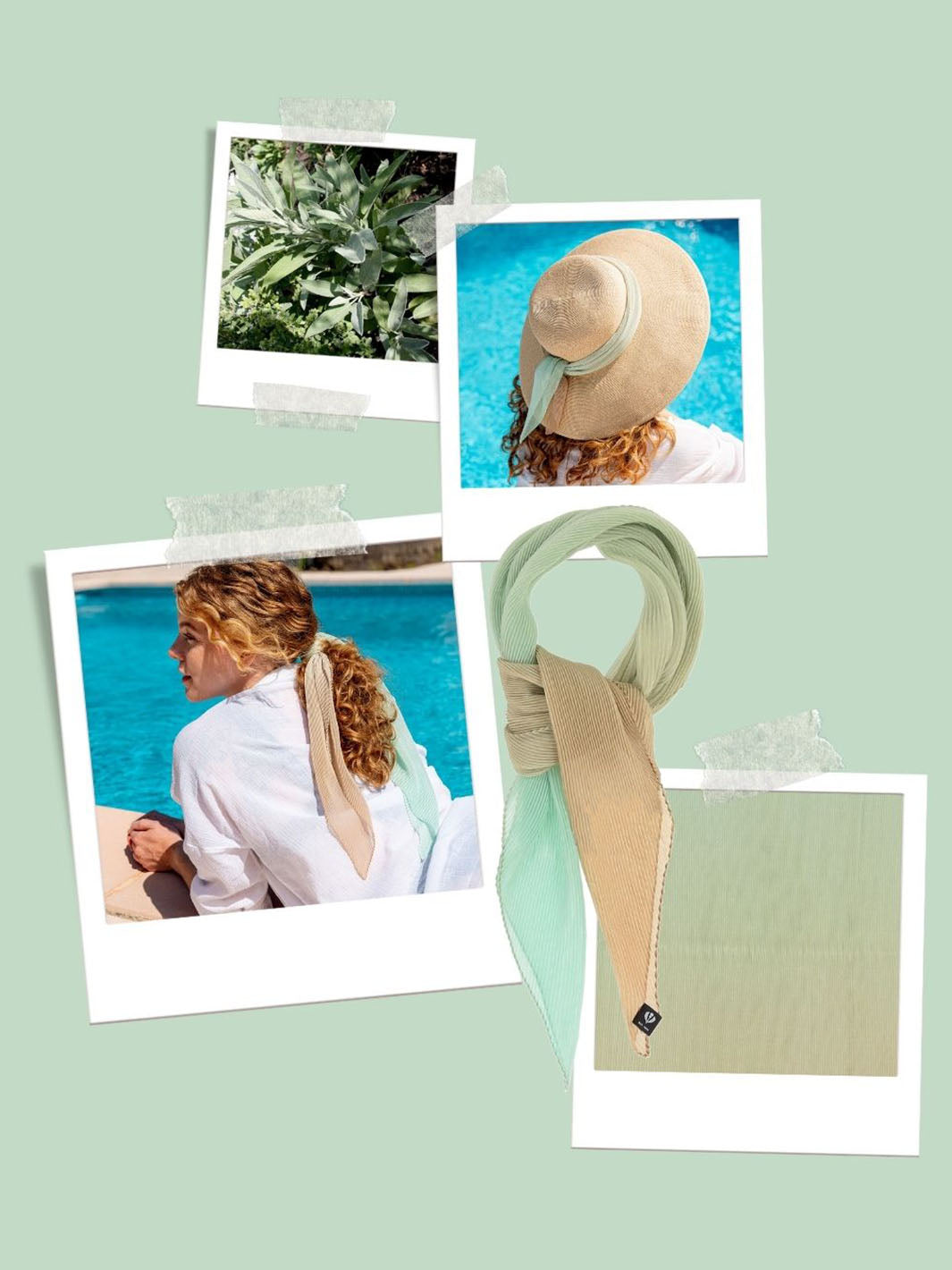 Sammlung von Fotos in Grün: Pflanzen, zwei Models mit Accessoires in Grün.