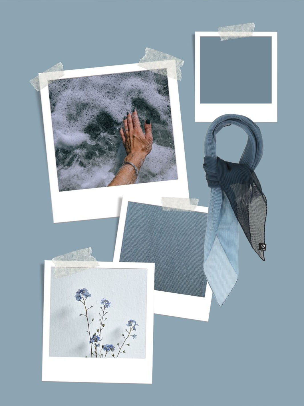 Sammlung von Fotos in Blau: Wasser, Blumen, Stoff, Schal.