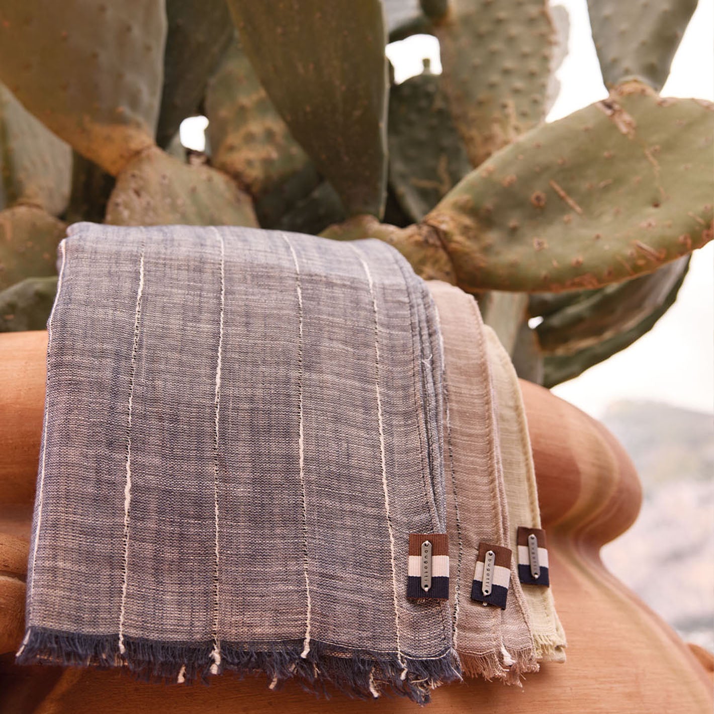 drei bugatti Schal hängen zusammengefaltet über dem Rand eines großen Blumentopfs mit Kakteen.