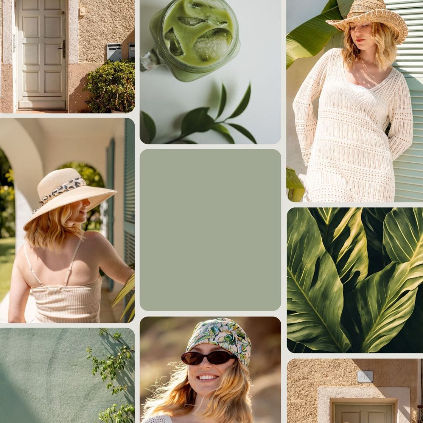 Zusammenstellung von Fotos von Pflanzen und Frauen mit Kopfbedeckungen für den Sommer.