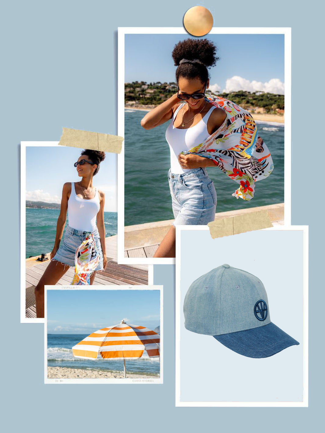 Vier Fotos als Collage: Sonnenschirm, Baseballkappe, zweimal junge Frau auf einem Steg am Meer.