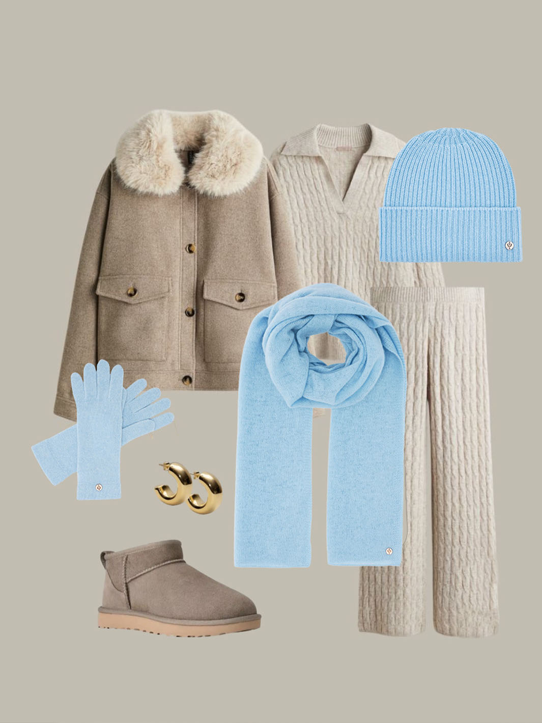 Zusammenstellung von farblich zusammenpassender Kleidung: Hose, Pullover, Jacke, Schuhe und Accessoires.